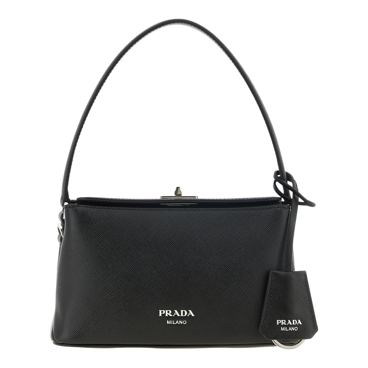 Bolso de mano XT & Co Prada Midi negro en piel Saffiano con asa anudada y cierre de broche plateado.