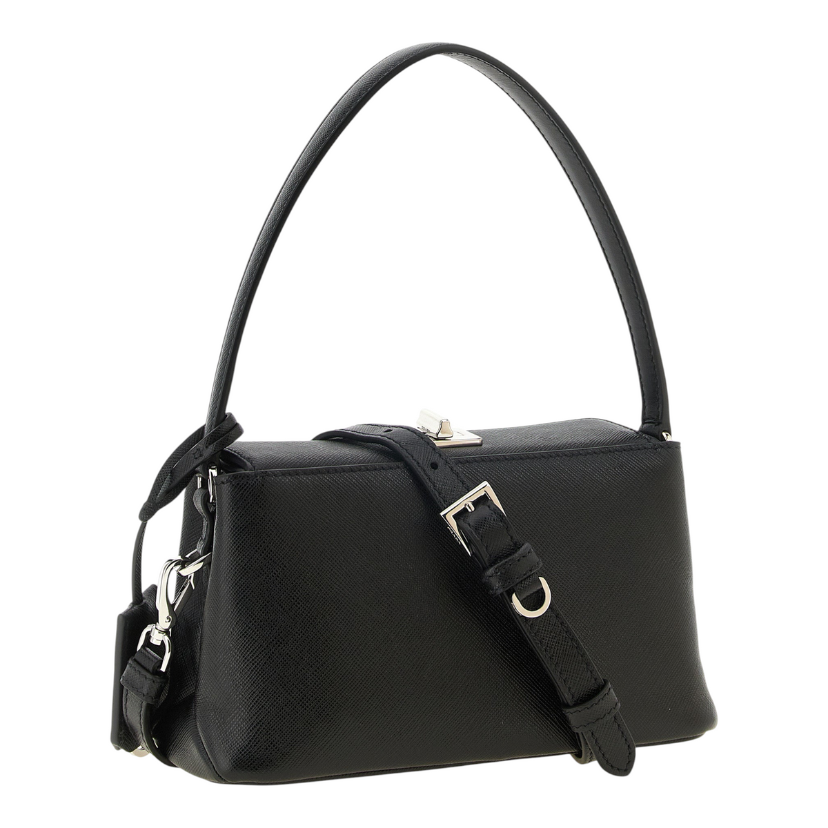 Bolso de mano XT & Co Midi en piel Saffiano negra con asa anudada, logo PRADA MILANO y cierre de broche plateado.