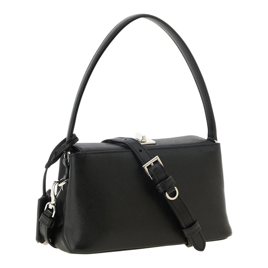 Bolso de mano XT & Co Midi en piel Saffiano negra con asa anudada, logo PRADA MILANO y cierre de broche plateado.