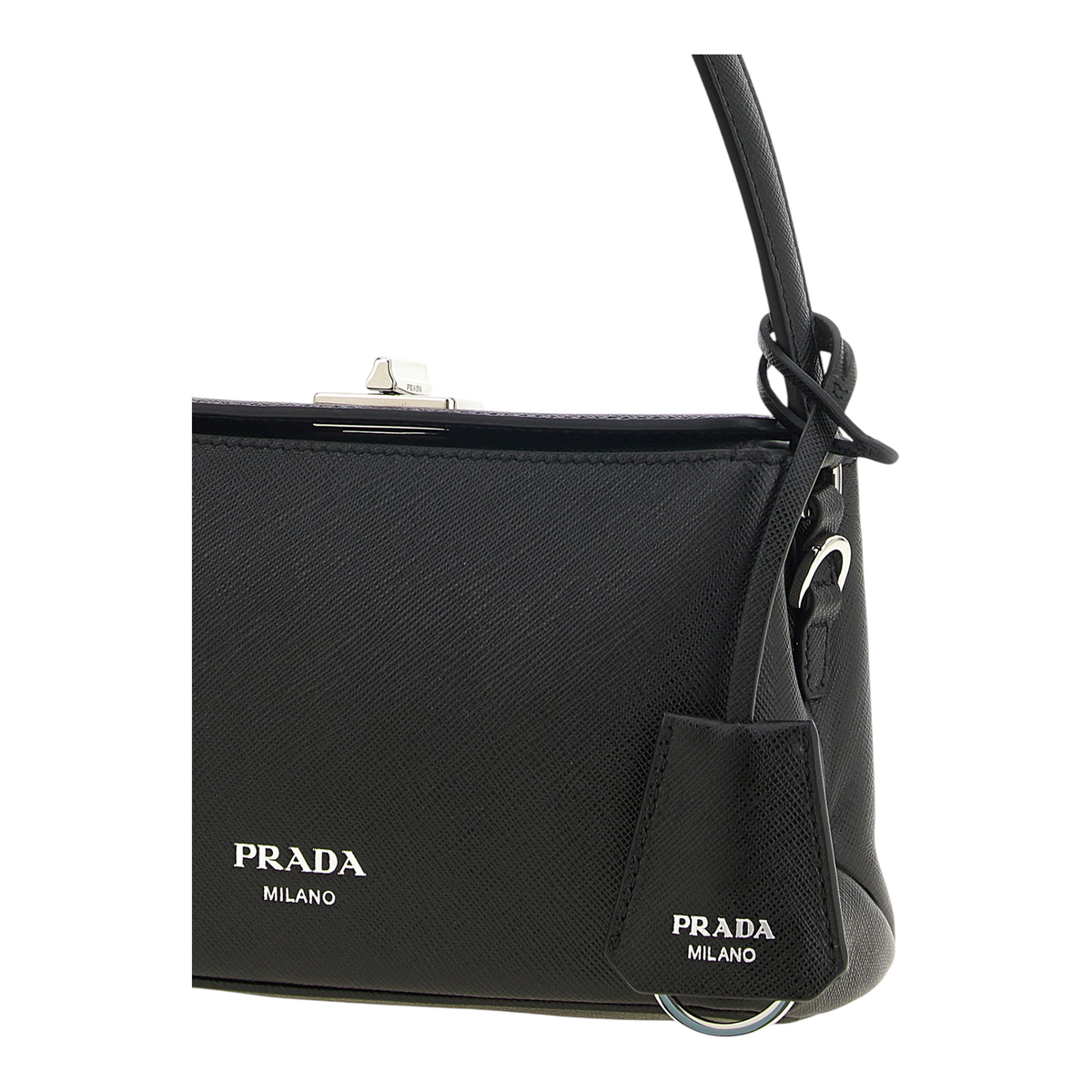 Bolso de mano XT & Co Prada Midi negro en piel Saffiano con asa anudada y cierre de broche plateado