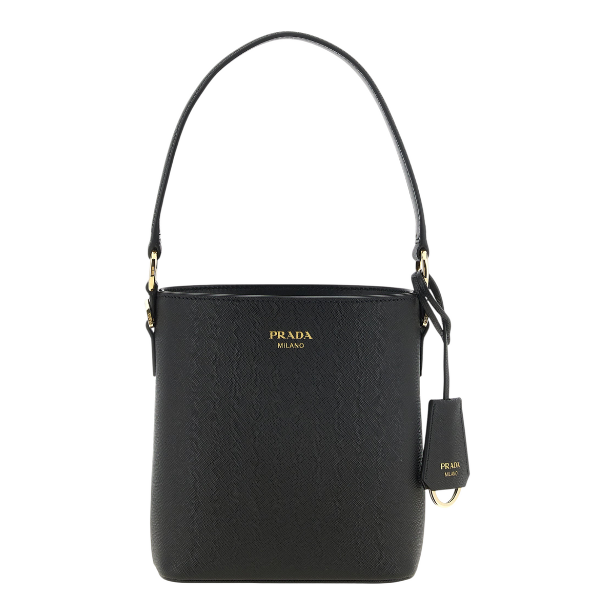 Bolso tipo cubo mini Prada de XT & Co en piel Saffiano negra con logo metálico dorado y asa superior
