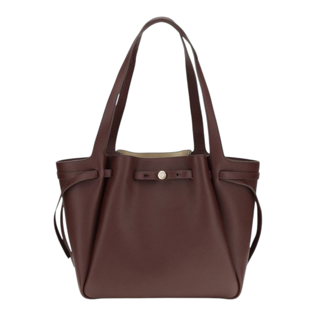 Bolso tote Romy de XT & Co en piel granulada color burdeos con detalle de cinturón fino y cierre magnético