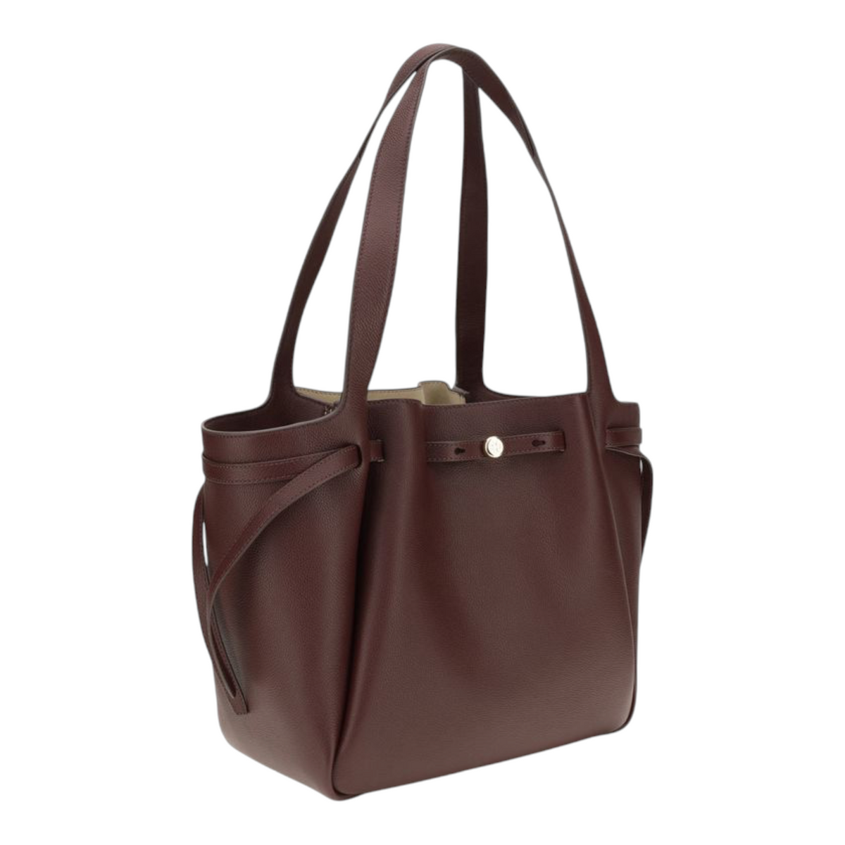 Bolso tote Romy de XT & Co en piel granulada color burdeos con detalle de cinturón fino y asas largas para hombro.