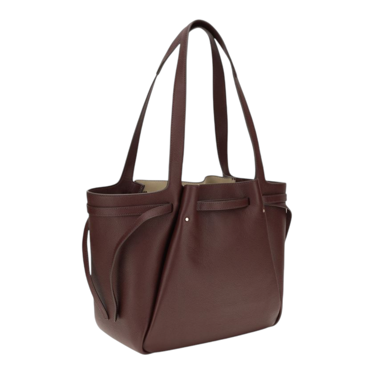 Bolso tote Romy de XT & Co en piel granulada color burdeos con detalle de cinturón fino y asas largas para hombro