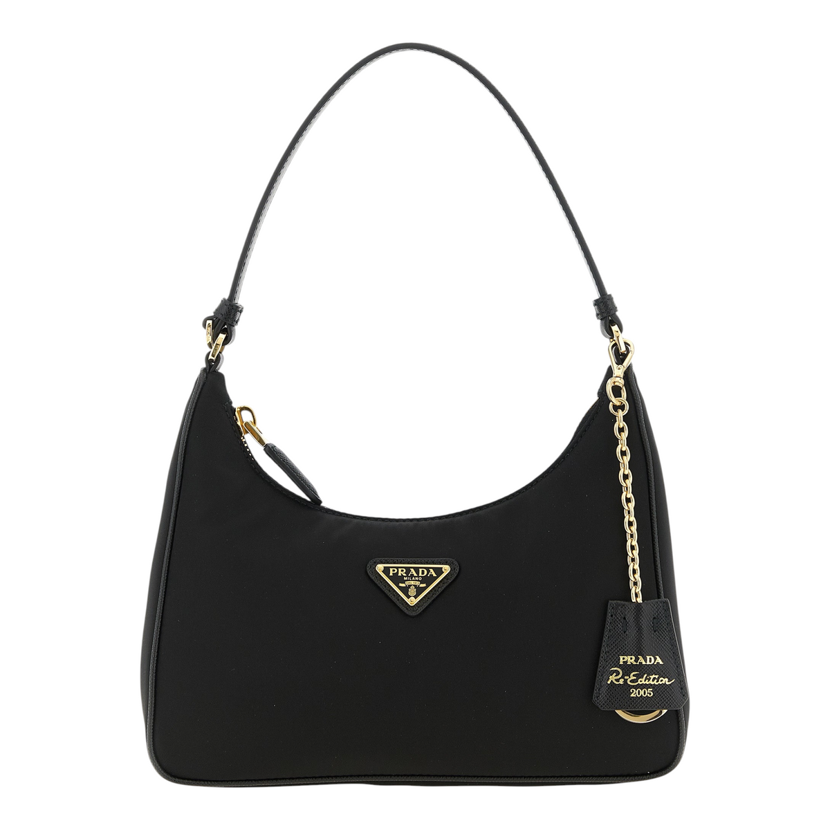 Bolso de hombro XT & Co Prada Re-Edition 2005 negro en Re-Nylon con detalles de piel Saffiano y herrajes dorados.