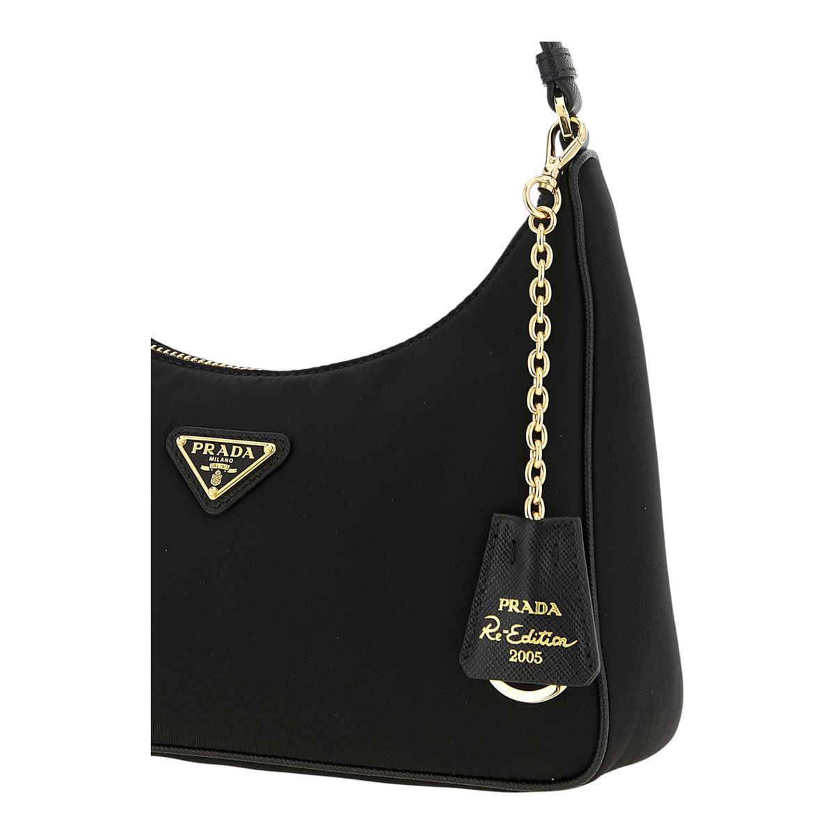 Bolso de hombro XT & Co Prada Re-Edition 2005 negro de Re-Nylon con logo triangular esmaltado y detalles dorados