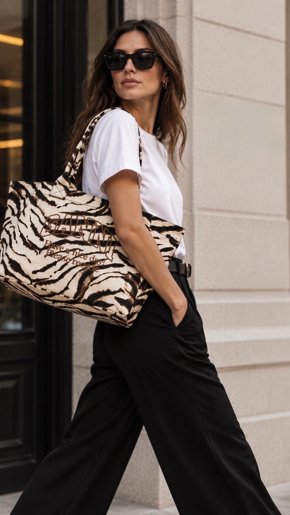 Ganni Beige  XXL Zebra Tote Bag