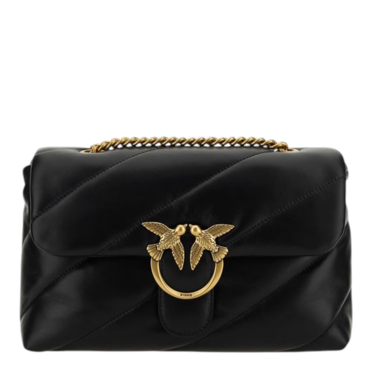 Bolso de hombro Love Classic de XT & Co en piel de cordero negra acolchada con logo Love Birds dorado y cadena