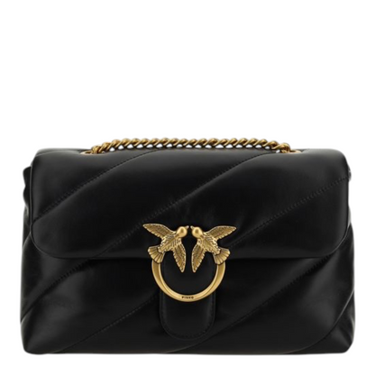 Bolso de hombro Love Classic de XT & Co en piel de cordero negra acolchada con logo Love Birds dorado y cadena