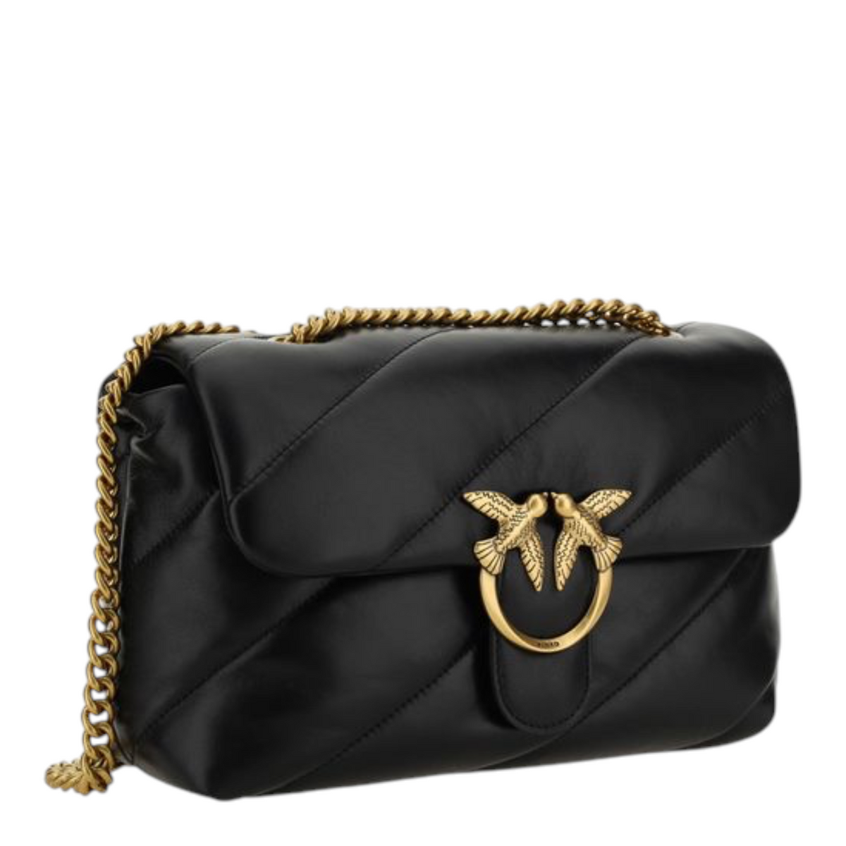 Bolso de hombro Love Classic de XT & Co en piel de cordero negra acolchada con logo Love Birds dorado y cadena