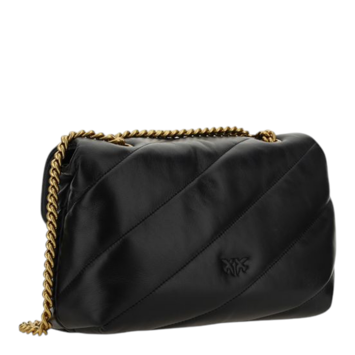 Bolso de hombro Love Classic de XT & Co en piel de cordero negra acolchada con cadena dorada y logo Love Birds