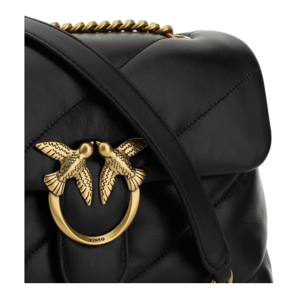 Bolso de hombro Love Classic de XT & Co en piel de cordero negra acolchada con logo Love Birds dorado