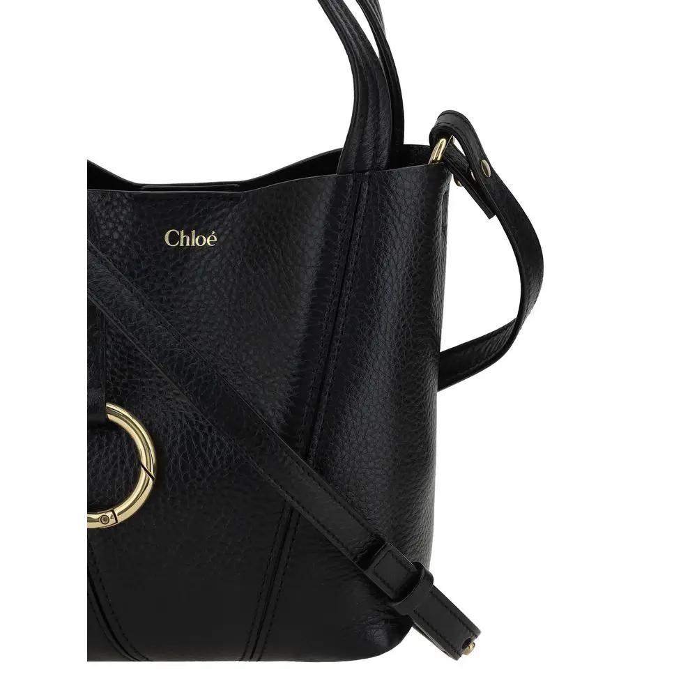 Chloé Spin-Shoulder Bag, black pebbled leather shoulder bag with gold hardware, front view