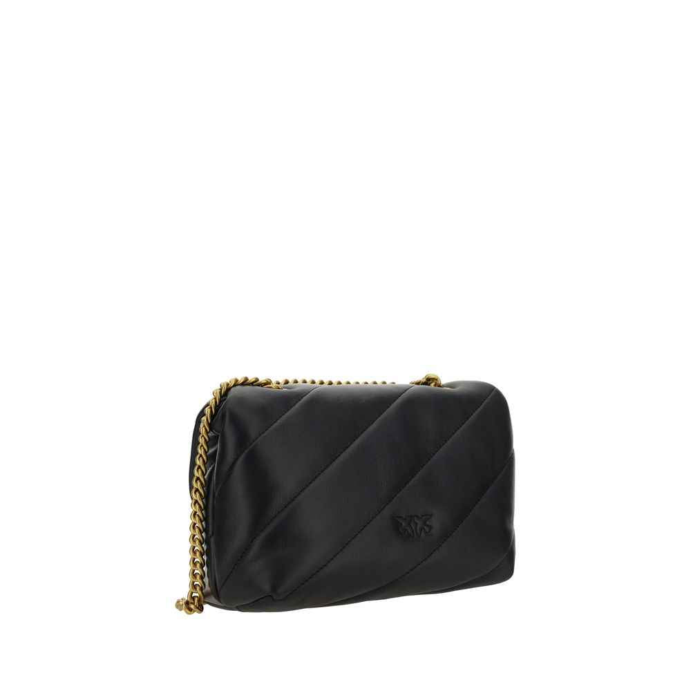 PINKO Love Mini Puff leather shoulder bag, black quilted with gold chain, front view