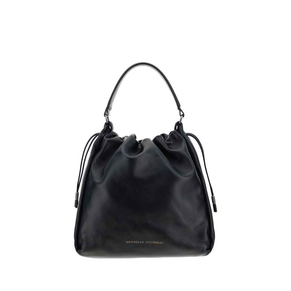 Brunello Cucinelli Mellow Drawstring leather bucket bag, black, front view