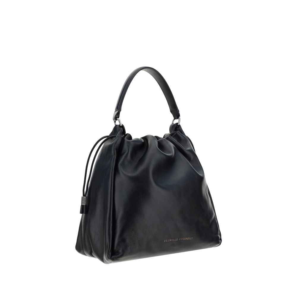 Brunello Cucinelli Mellow Drawstring Bag leather black bucket bag front view
