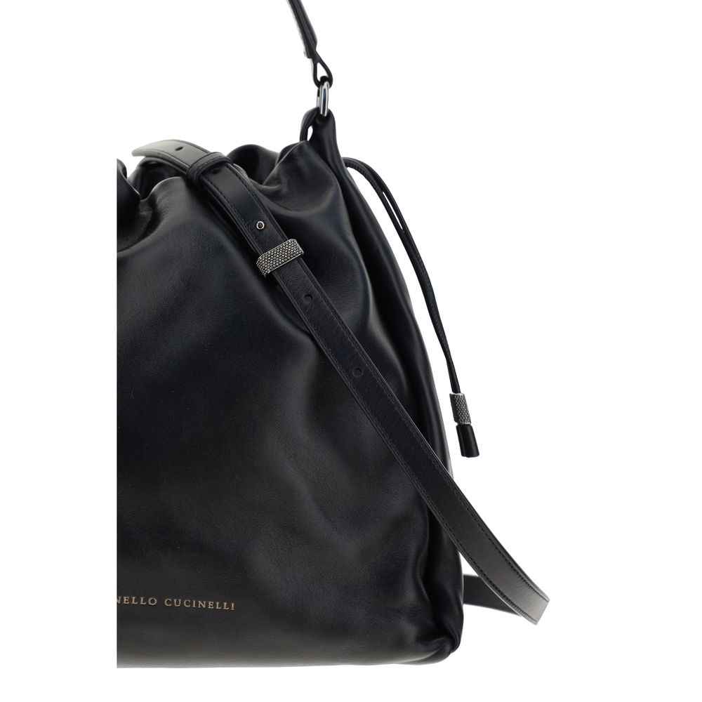 Brunello Cucinelli Mellow Drawstring Bucket Bag in black leather side view