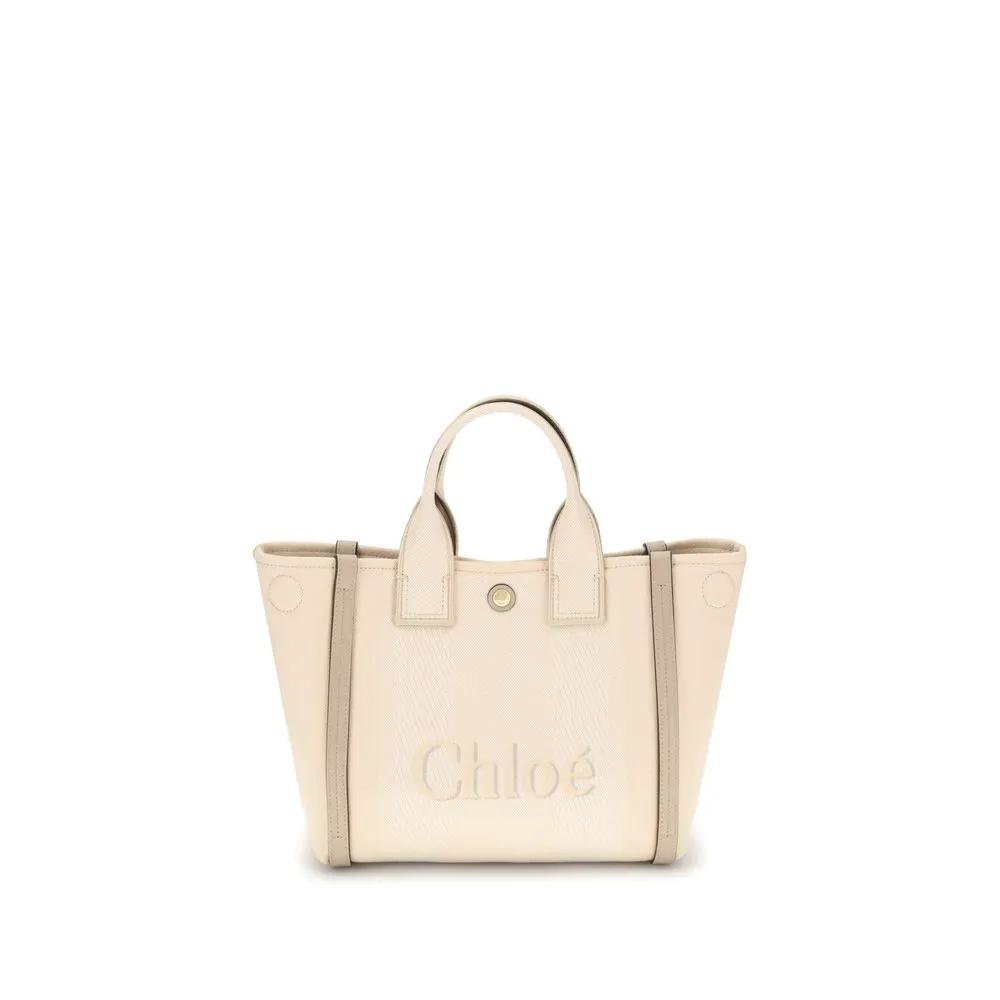 Chloé beige cotton handbag with dual top handles, embossed logo, front view