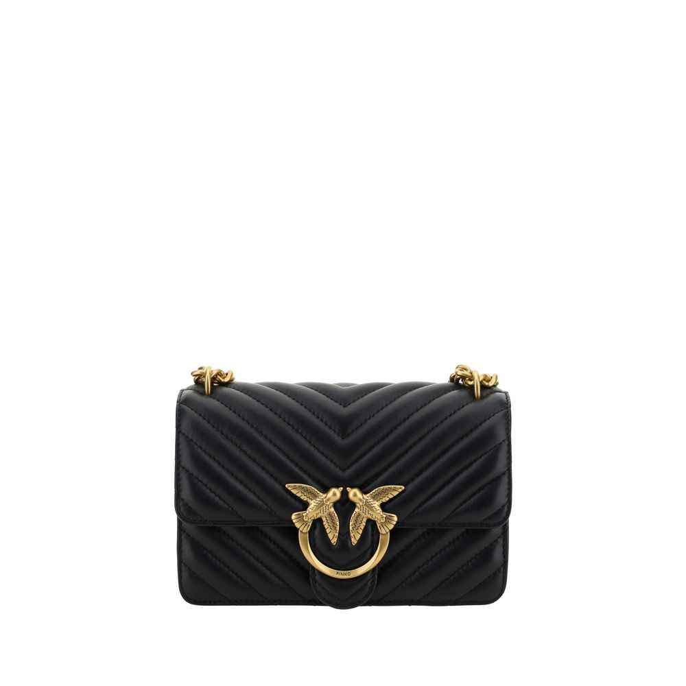 PINKO Mini Love leather shoulder bag, black, gold-tone hardware, front view.