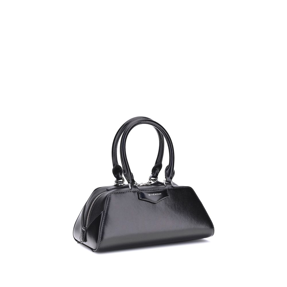 Givenchy Antigona East-West Miniature Handbag, black patent leather, satchel bag, front view.