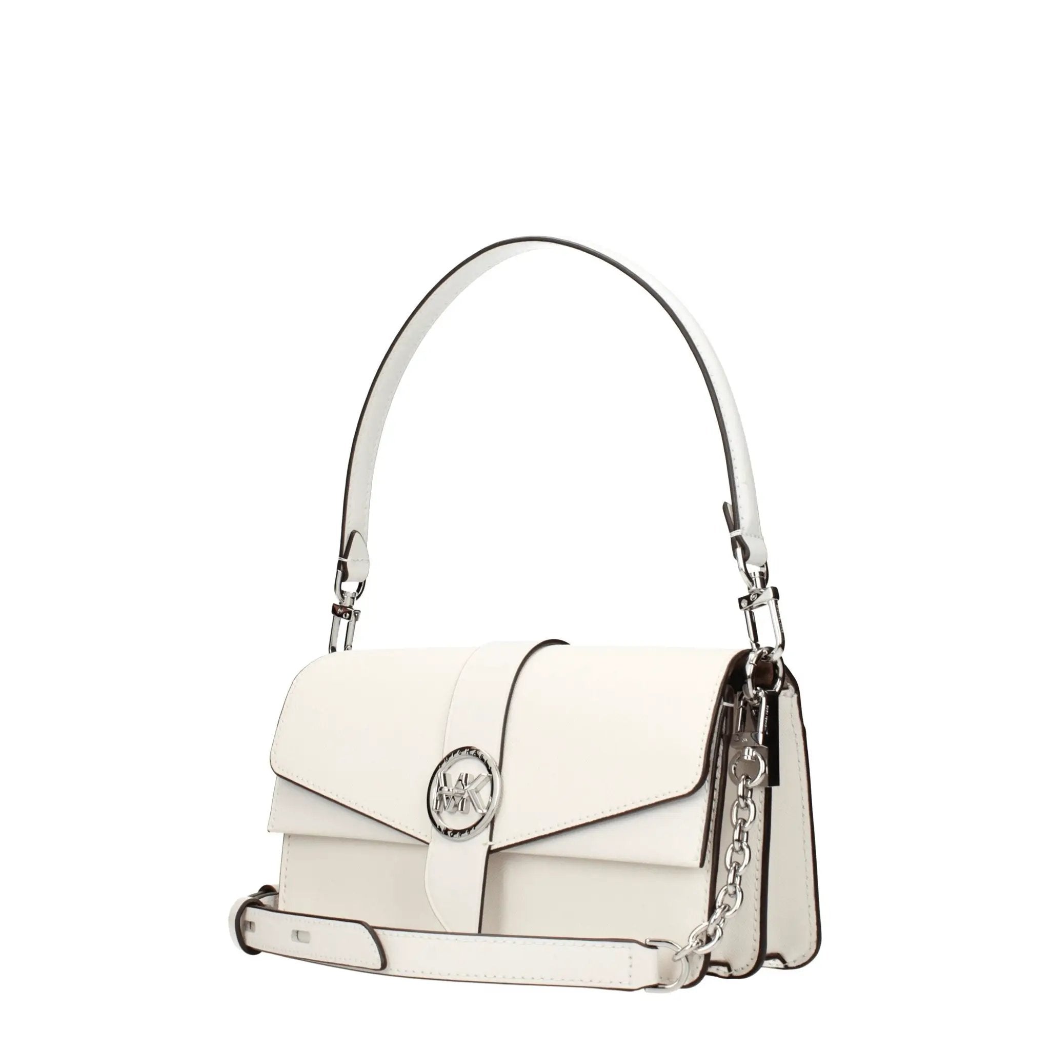 Michael Kors white Lux Leather handbag, white leather shoulder bag with silver hardware and logo plaque — side view