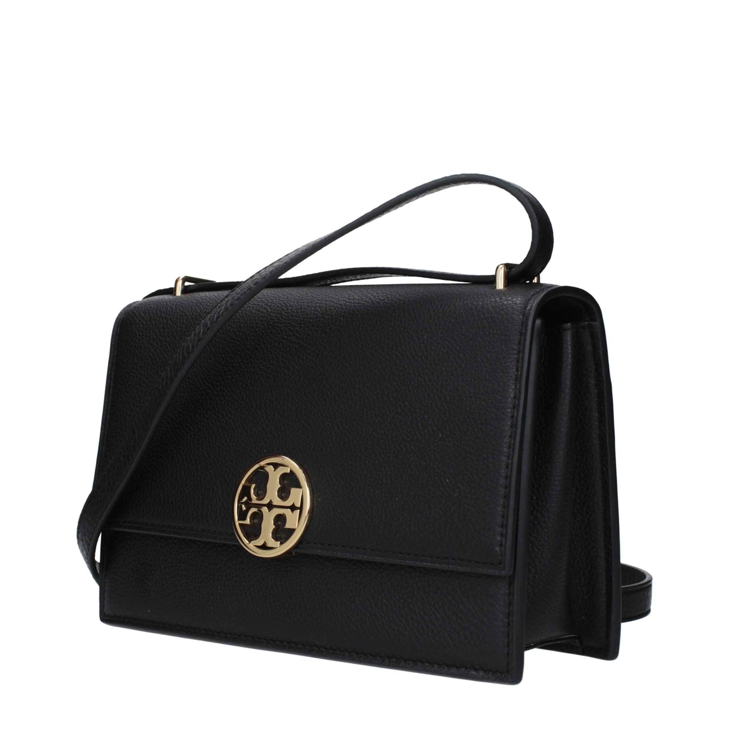 Tory Burch Crossbody leather bag in black with gold logo hardware, front view