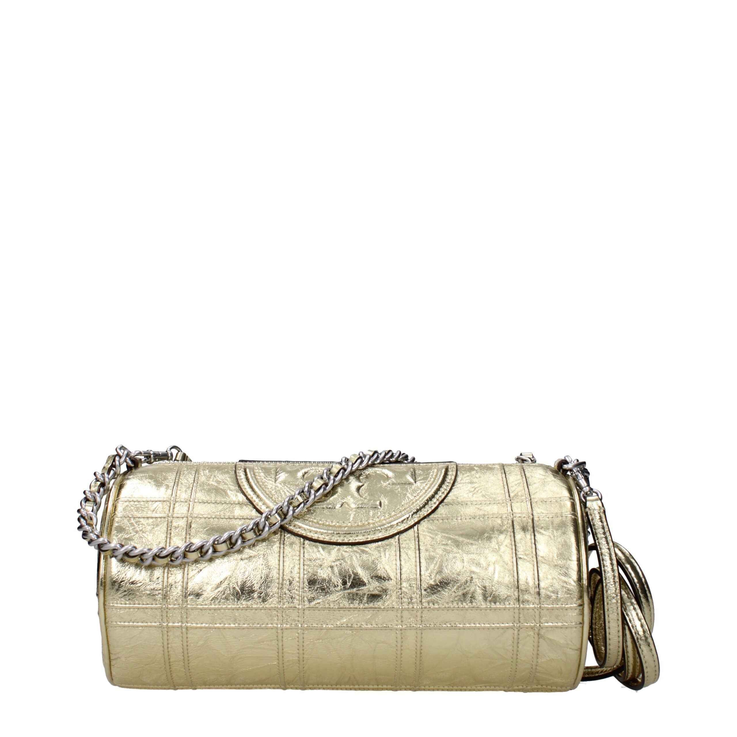 Tory Burch gold metallic leather shoulder bag, elongated design, front view