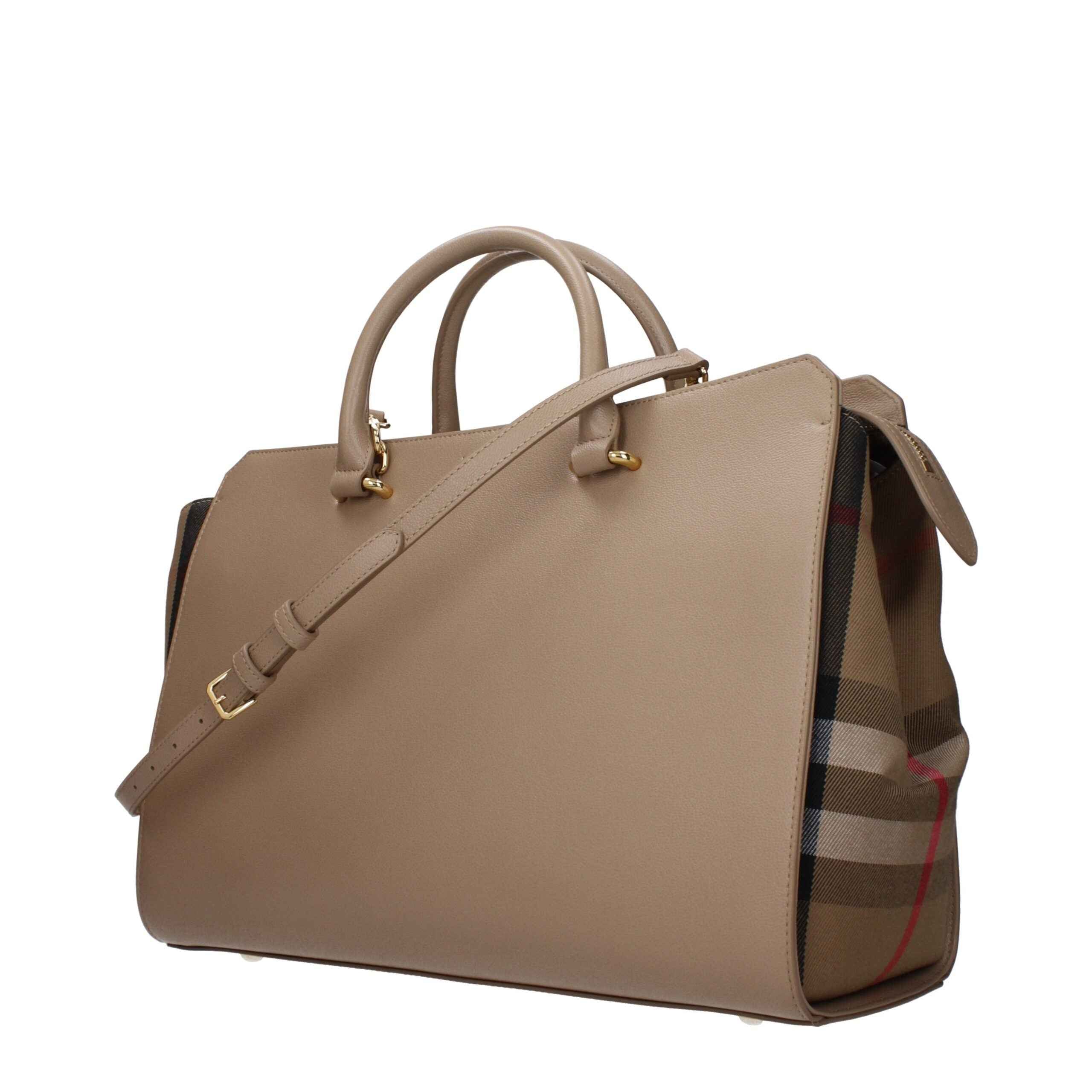 Burberry Knight Bag beige leather shoulder bag with plaid side panel three-quarter view