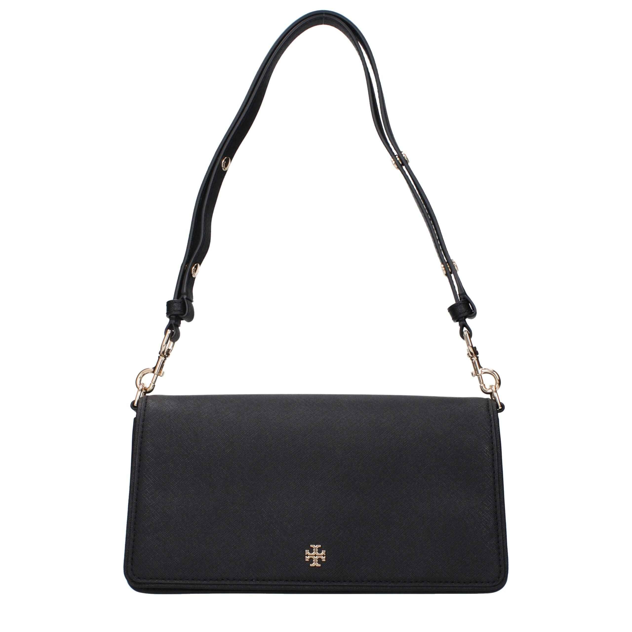 Tory Burch Emerson shoulder bag, black leather, front view.