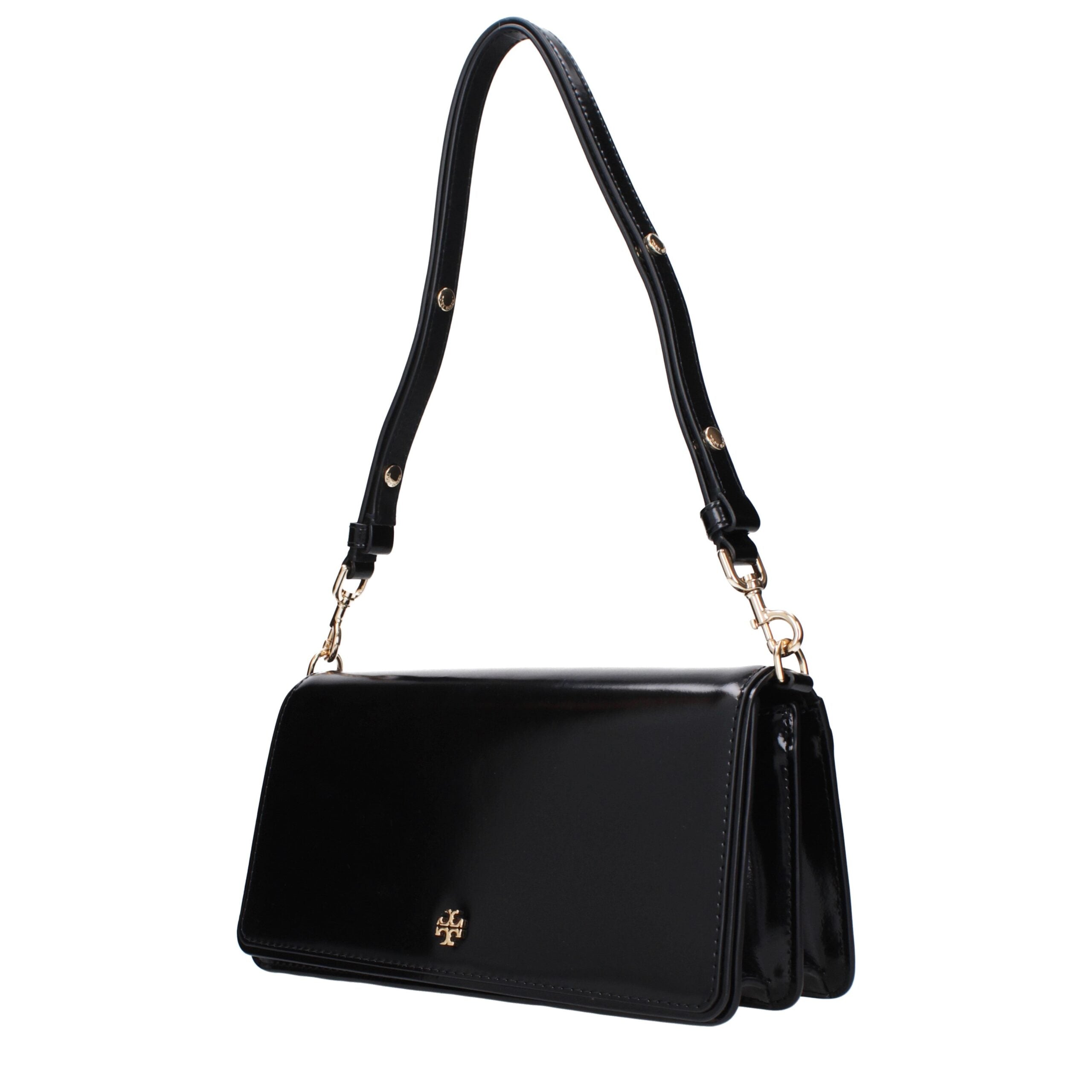 Tory Burch patent leather black shoulder bag logo detail front view