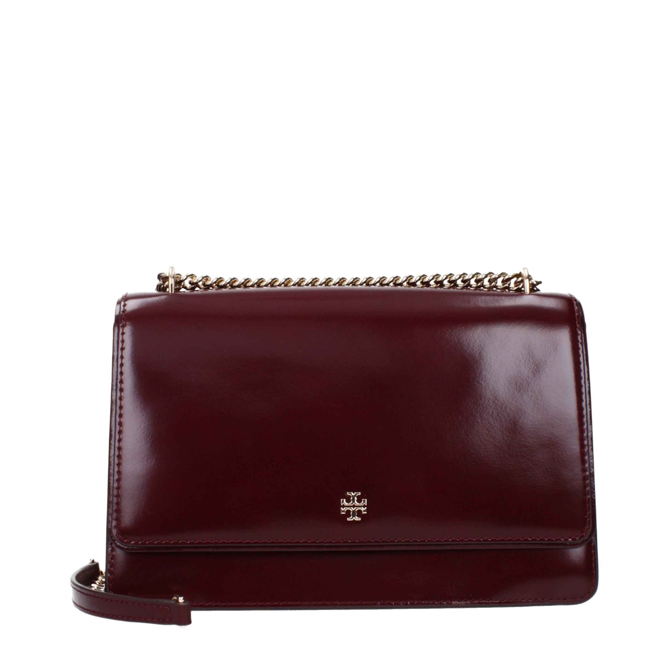 Tory Burch red leather crossbody bag with gold chain strap, front view