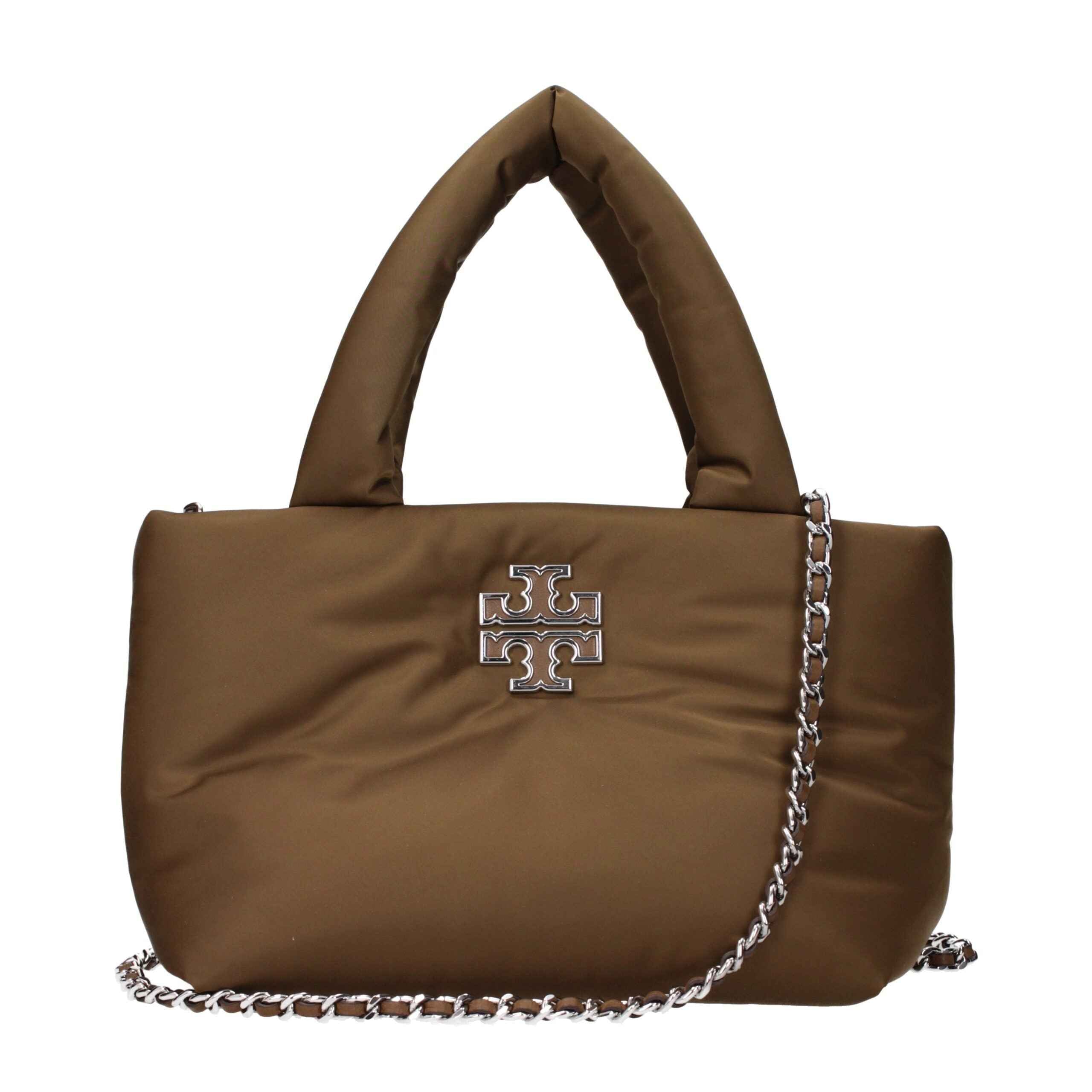 Tory Burch Brown Premium Fabric Handbag, chain-strap with logo detail, front view