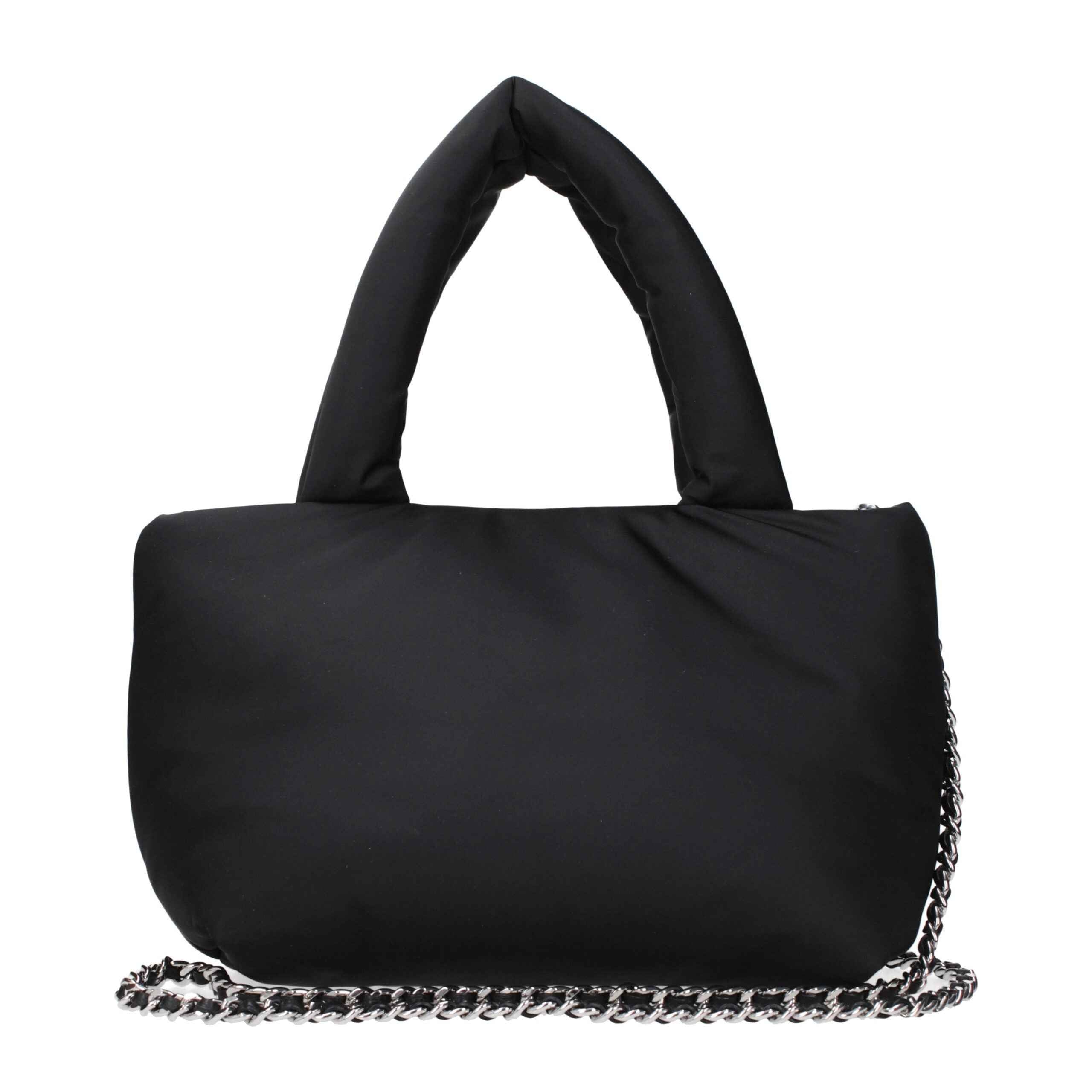 Tory Burch black fabric tote bag with padded handles and silver chain strap front view