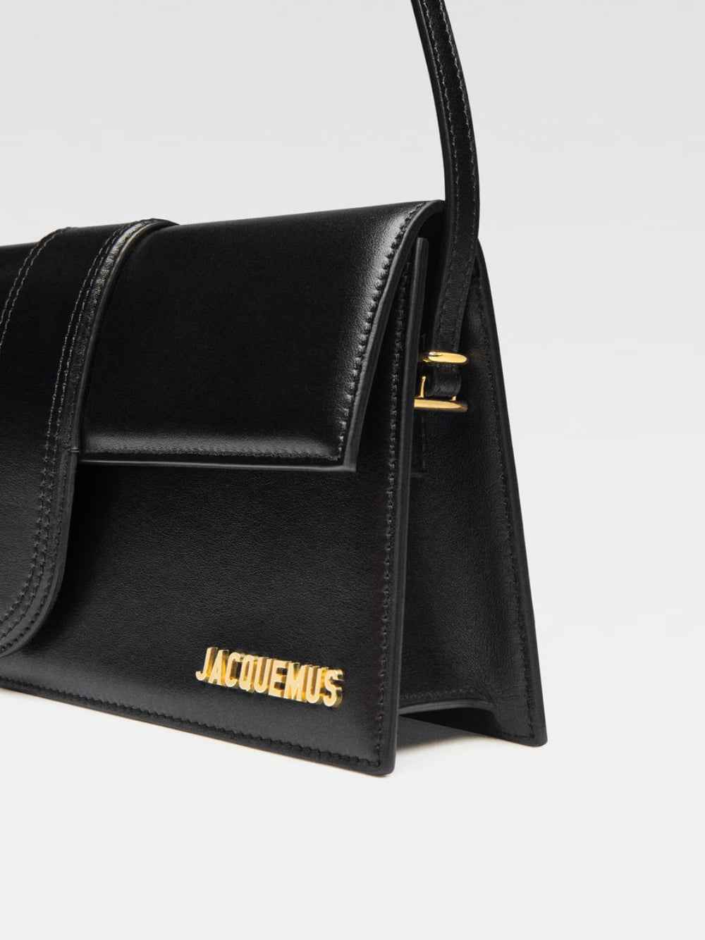 Jacquemus Le Bambino Long crossbody bag, black leather, gold hardware logo detail