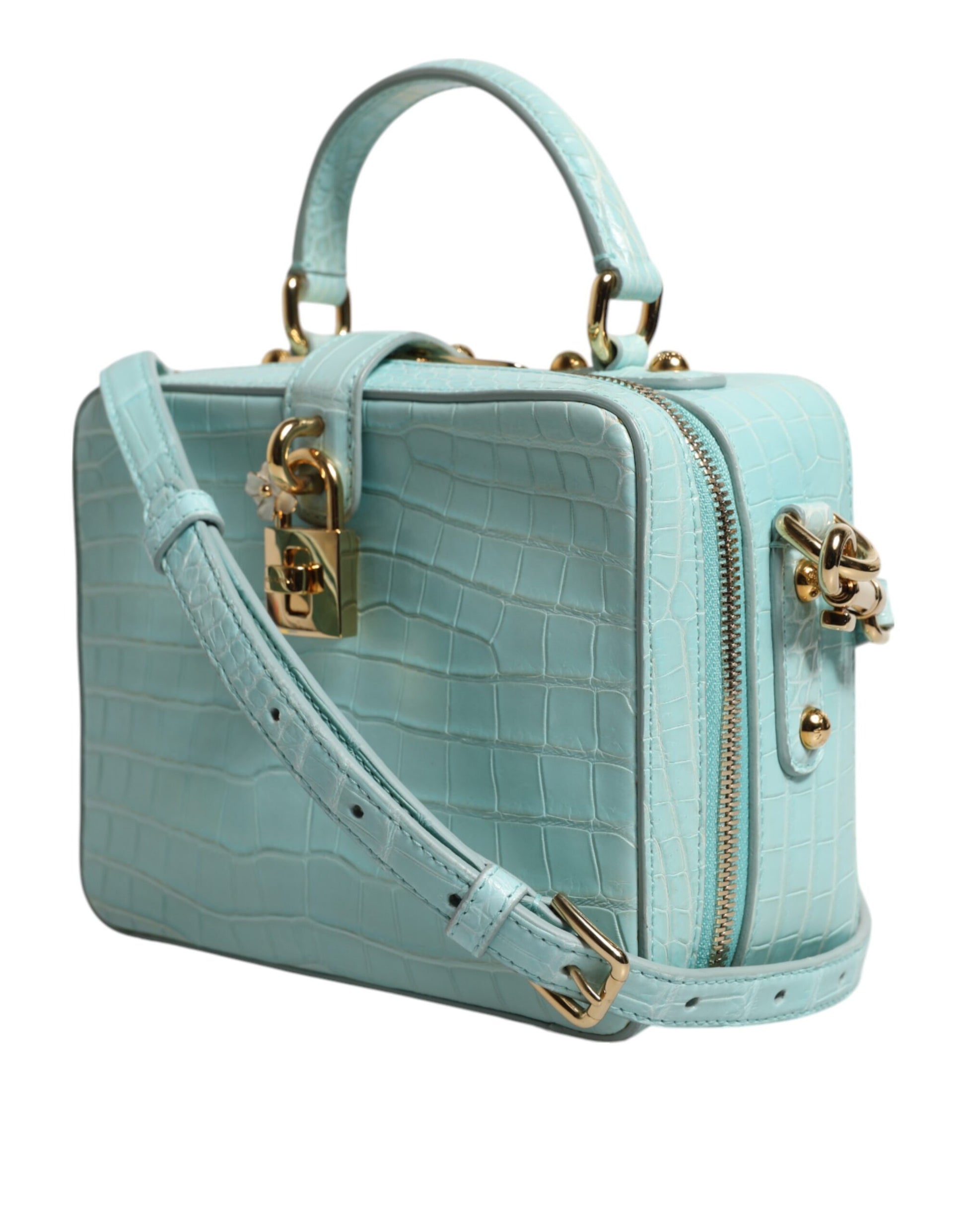 Dolce Gabbana Verdant Mint Crocodile-Embossed Leather Padlock Closure Shoulder Bag - XT & Co