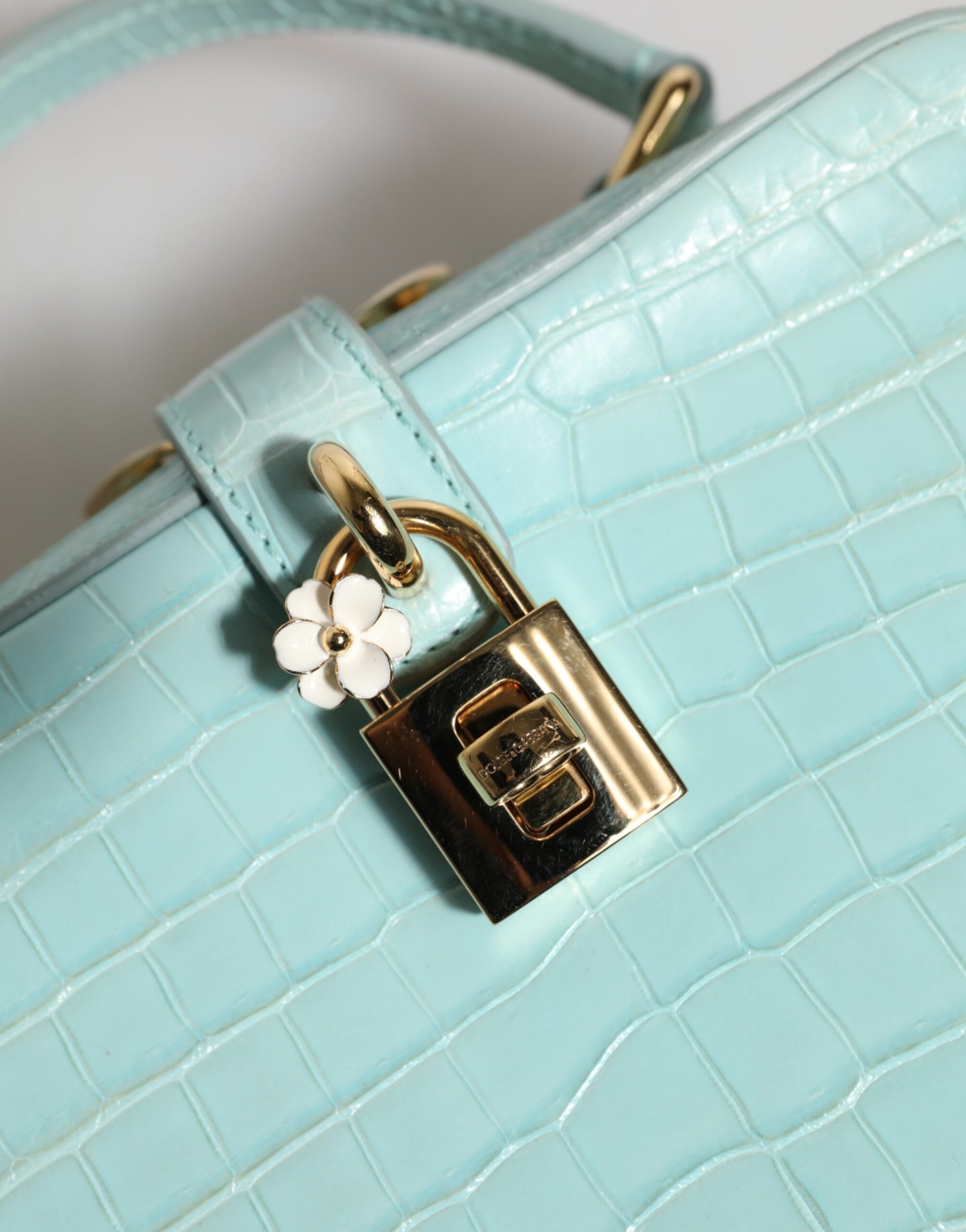 Dolce Gabbana Verdant Mint Crocodile-Embossed Leather Padlock Closure Shoulder Bag - XT & Co