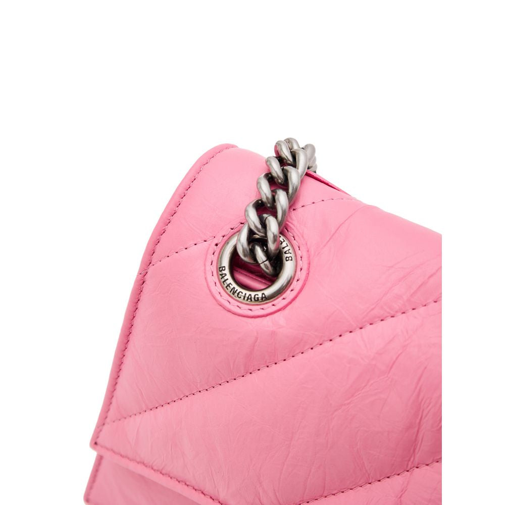 Balenciaga Crush leather shoulder bag pink, quilted leather, silver chain, logo detail