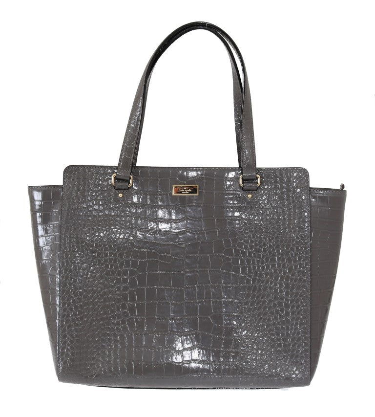 Kate Spade Graphite-Croc-Embossed Leather Tote, logo plate visible, front view