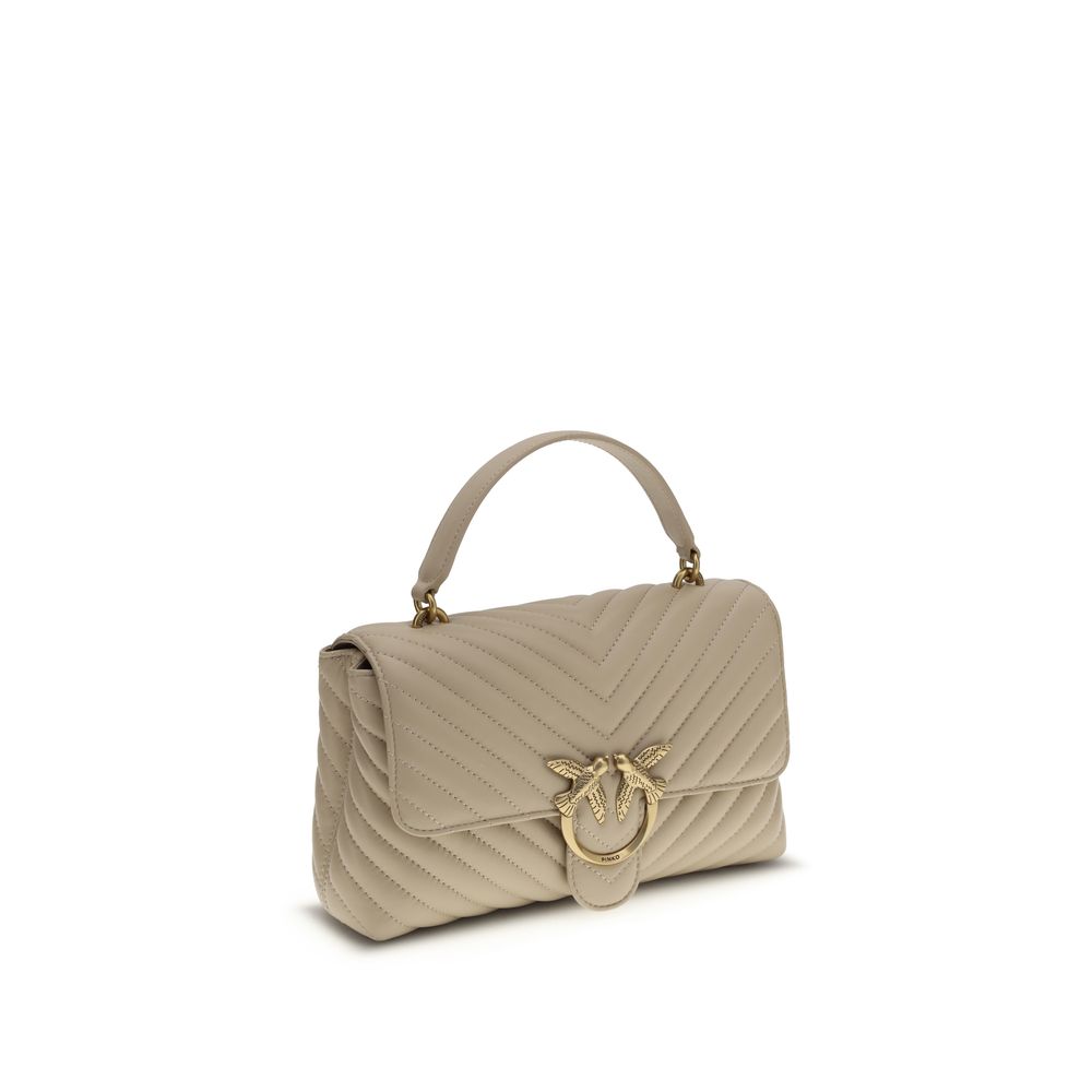 PINKO Love Lady Calfskin mini handbag, beige, top-handle, chevron quilt, gold-tone bird clasp, front view