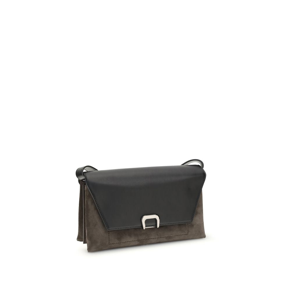 Brunello Cucinelli Sartorial Shoulder Bag, black leather flap with brown suede body, front view