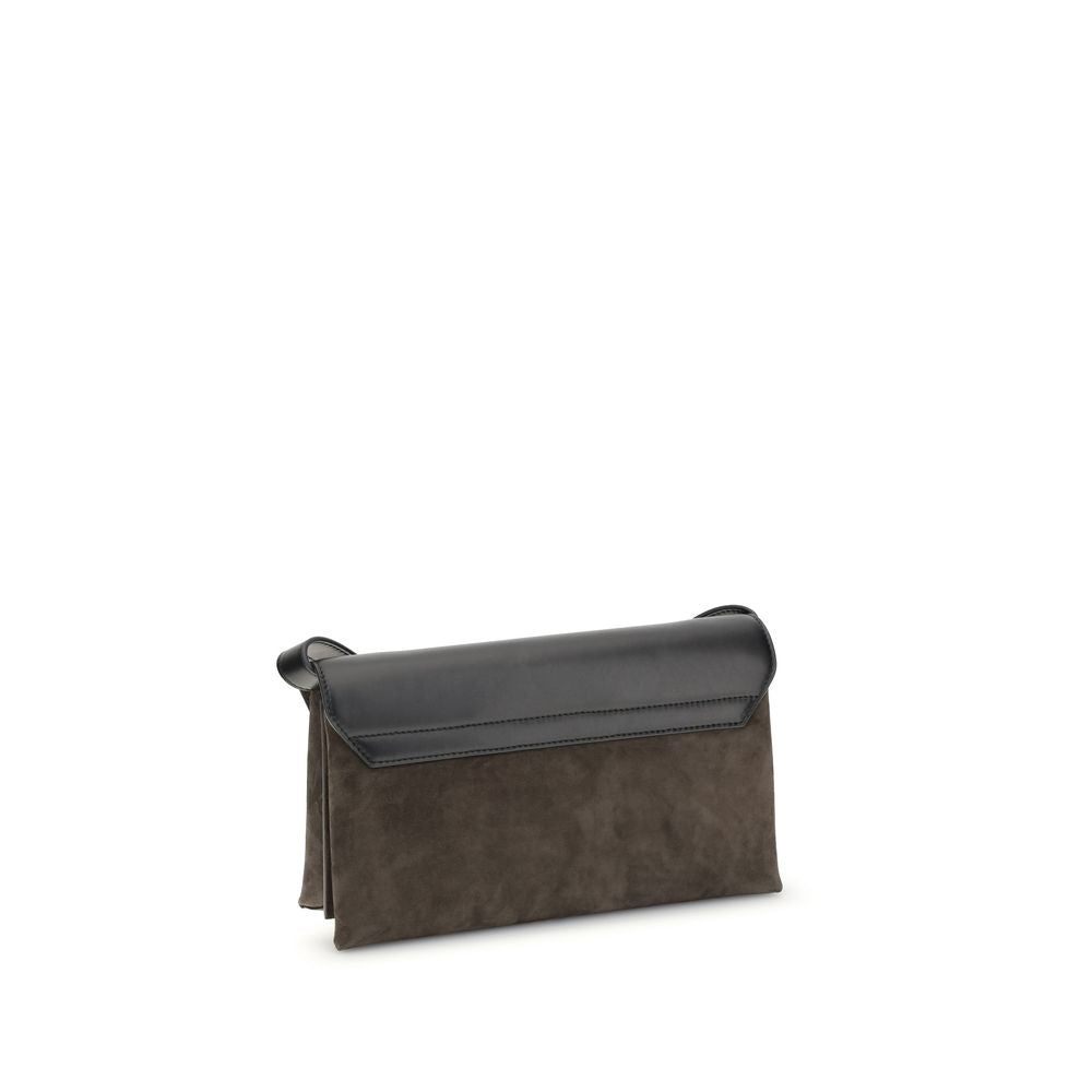 Brunello Cucinelli Sartorial Shoulder Bag, brown suede and black leather, shoulder bag, front view