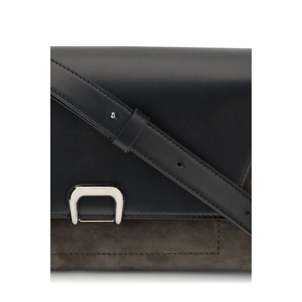 Brunello Cucinelli Sartorial Shoulder Bag black leather with brown suede strap and silver buckle close-up view