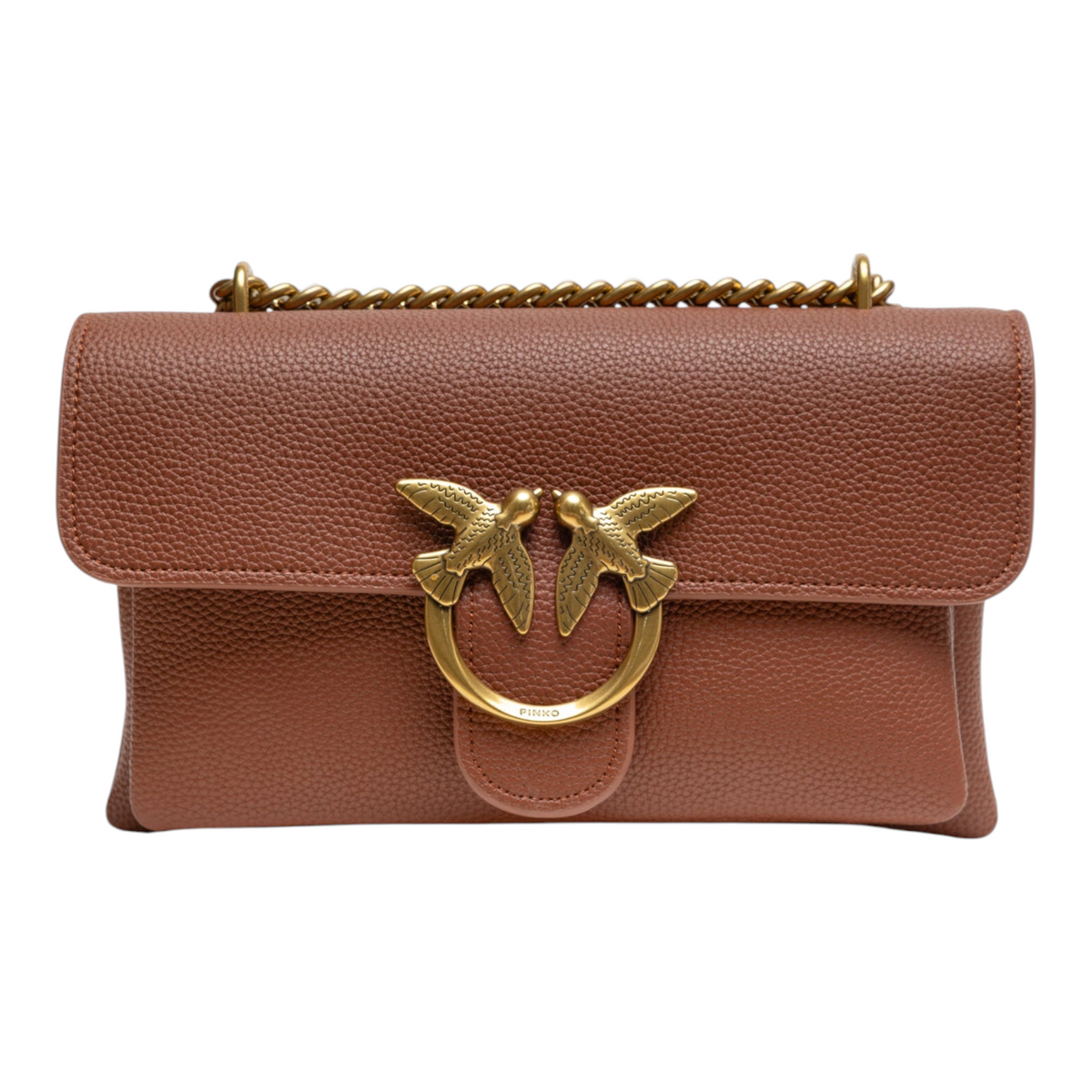 PINKO Riga shoulder bag, brown pebbled leather with gold-tone hardware, front view