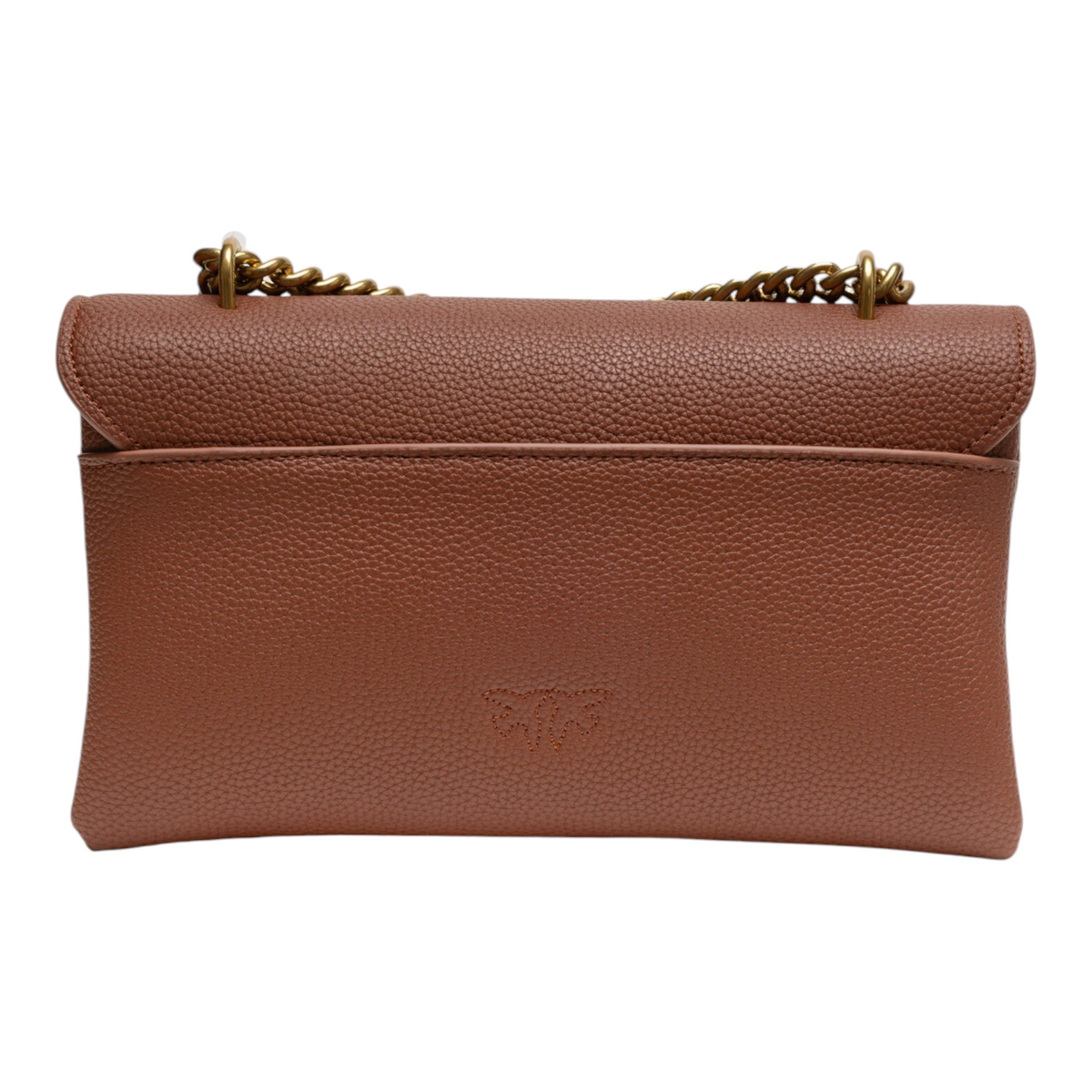 PINKO Riga Shoulder Bag, tan pebbled leather crossbody with gold chain, front view