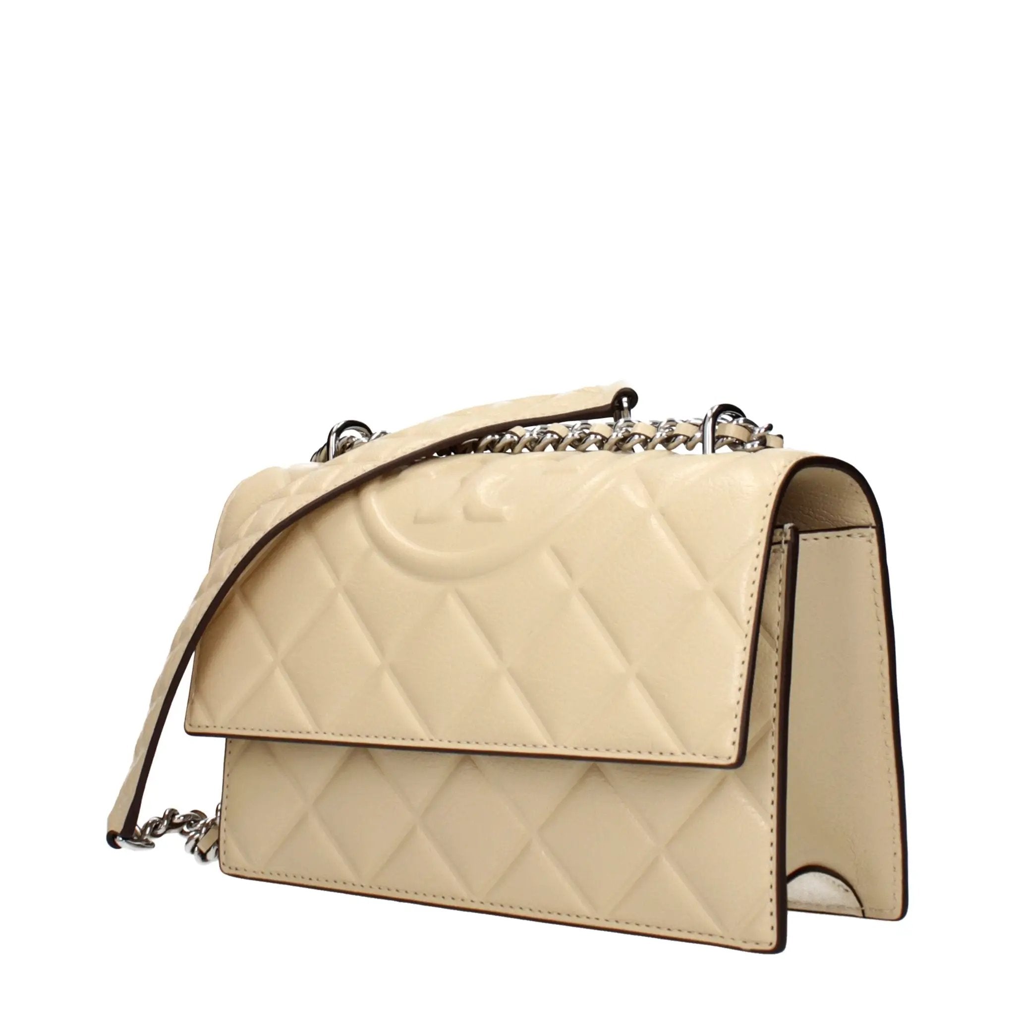 Tory Burch Leather Crossbody Bag beige quilted leather, chain strap front view