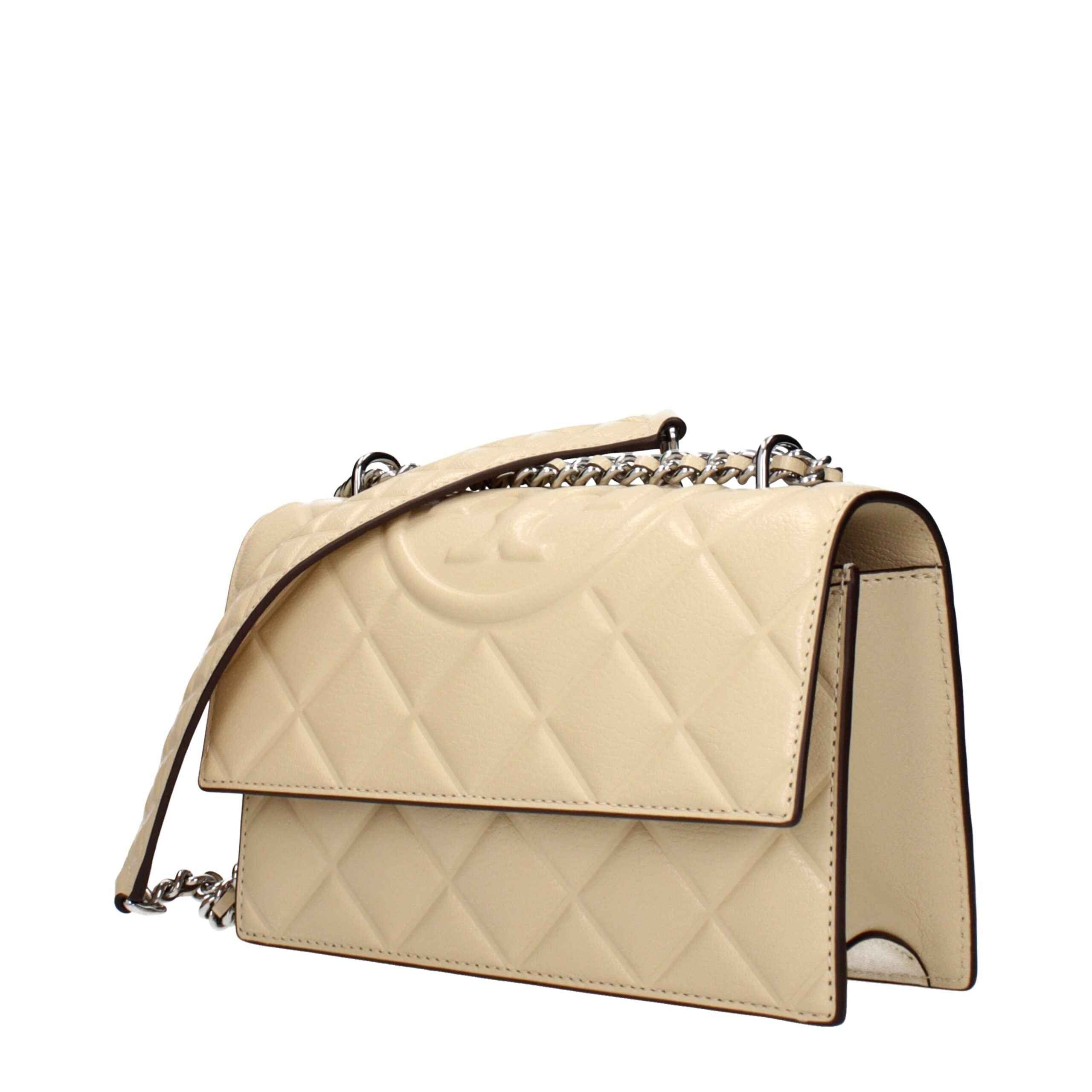 Tory Burch Crossbody Bag beige quilted leather, chain strap, three-quarter view