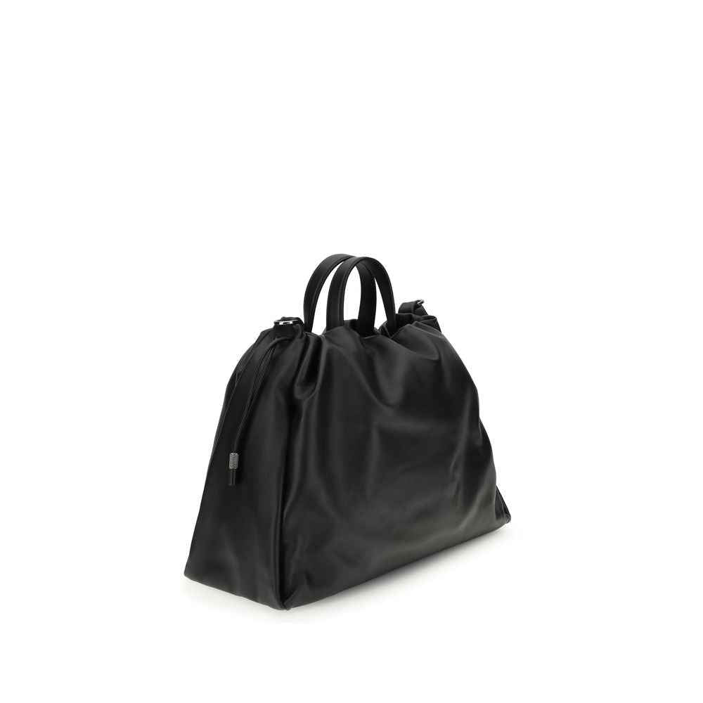 Brunello Cucinelli Leather Tote Bag, black calfskin, side view.