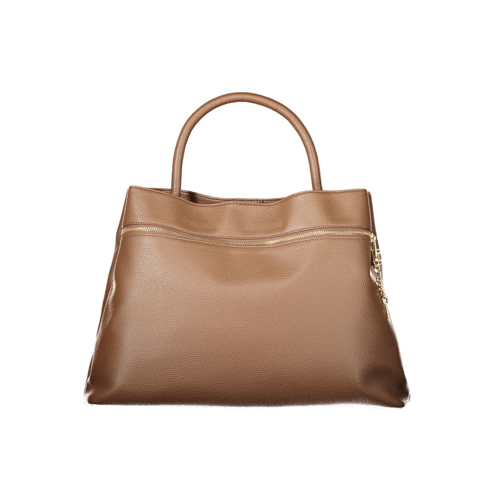 Twinset brown polyethylene handbag, top-handle bag, gold zipper detail, front view