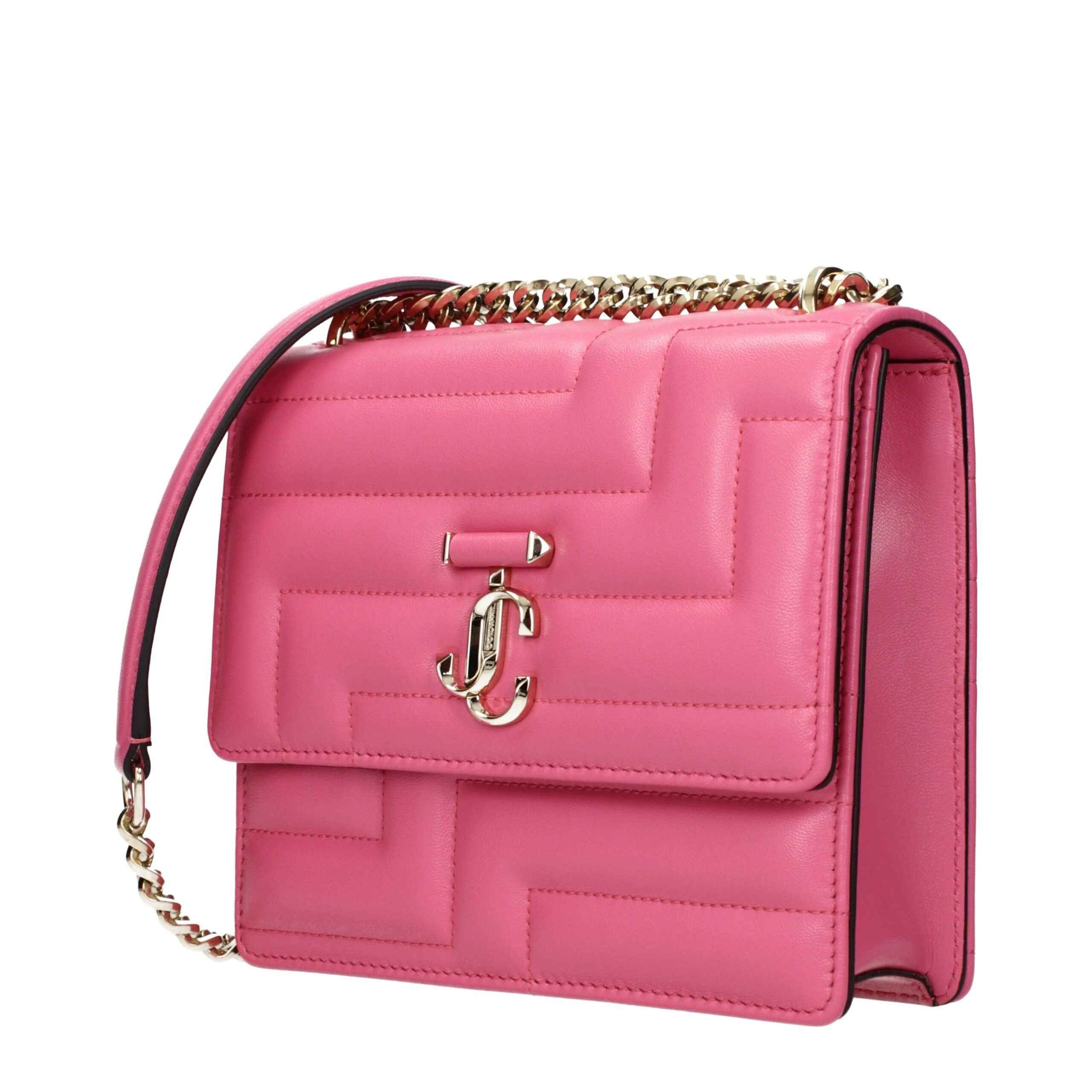 Jimmy Choo Varenne Avenue Leather pink shoulder bag, gold hardware, front view.