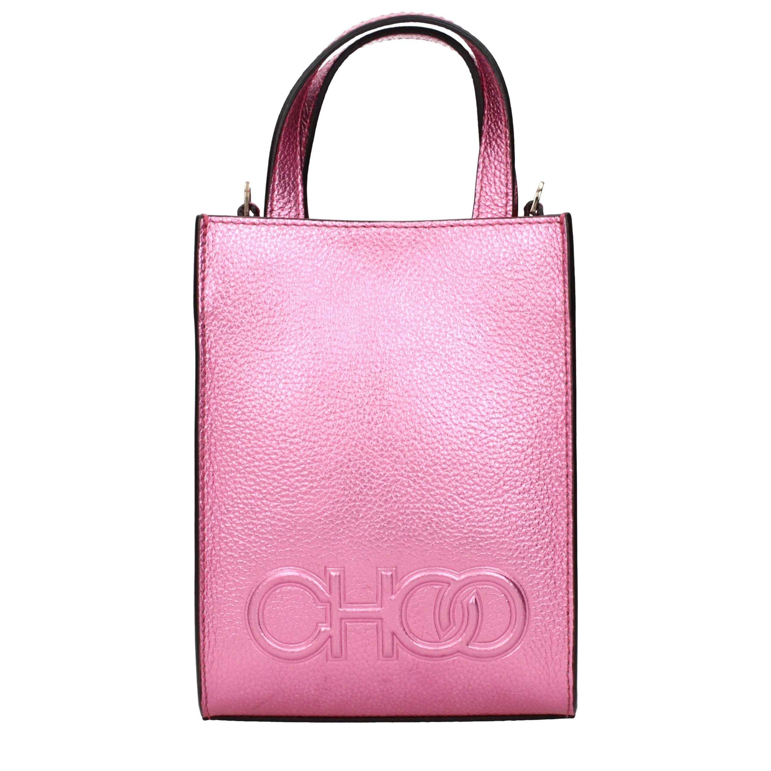 Jimmy Choo Mini Tote pink metallic leather tote bag front view